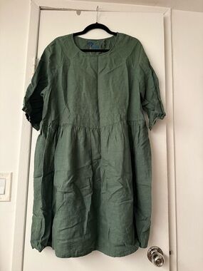 Green Linen Mini Dress - Relaxed Fit